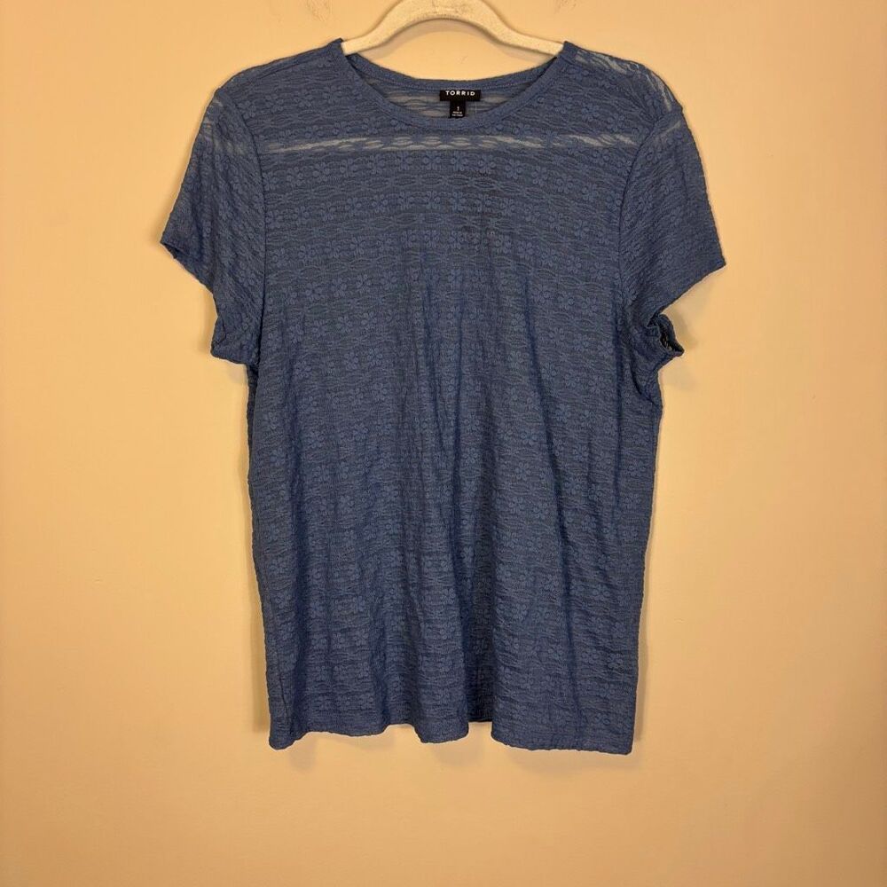 New Torrid Blue Semi Sheer Floral Lace‎ Short Sleeve Top 1X